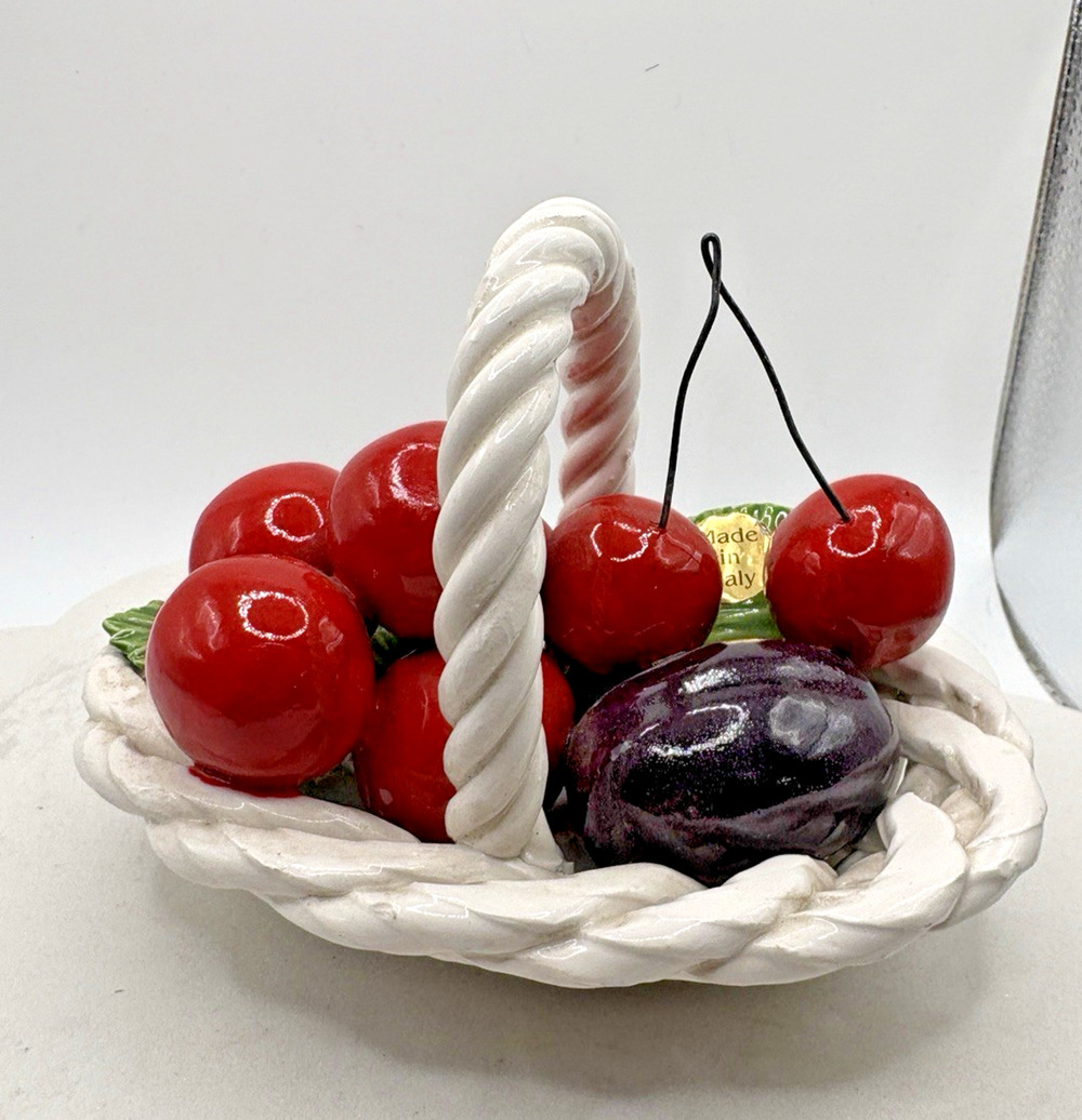 Vintage Capodimonte Italian Ceramic Porcelain Red Cherries White Basket 5”x 4”